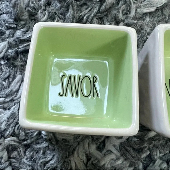 Rae Dunn Savor and Enjoy Square Ceramic Bowl Set Green FabFitFun Gift 3” - Picture 2 of 8